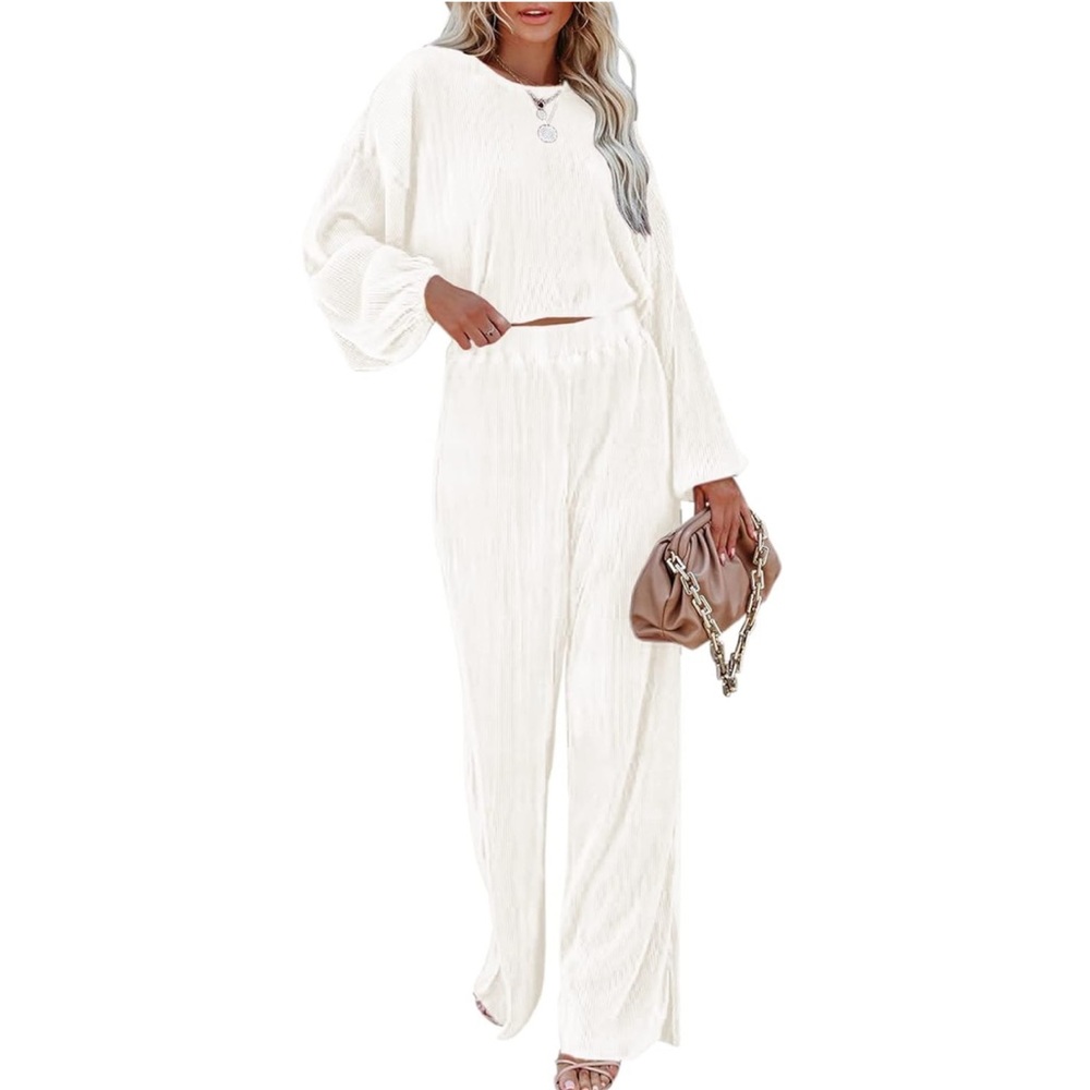 Women's Ivory Wide-Leg Pantsuit Set - Casual Lounge Two-Piece